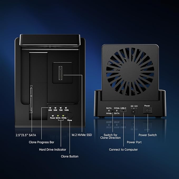 FIDECO Hard Drive Docking Station for M.2 NVMe SSD and 2.5"/3.5" SATA HDD with Bidirectional Offline Clone, M.2 NVMe to USB Adapter Cloner, SSD Reader with Foldable Cooling Fan