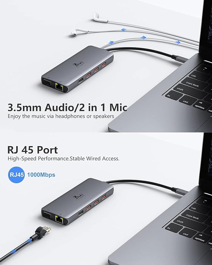 LIONWEI 11 in 1 USB C Laptop Docking Station Dual Monitor, Dual 4K HDMI+VGA, 3 * 10Gbps USB 3.1, PD, Ethernet, Audio/Mic, USB C Hub for Dell/Surface/HP/Lenovo Laptops
