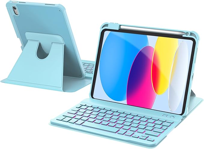 for iPad 11th(A16, 2025)/10th Generation Case with Keyboard, 360° Rotatable Case & Detachable Backlit Keyboard, Precision Cutouts and Pen Holder for iPad A16 11''/10th 10.9'', Light Blue