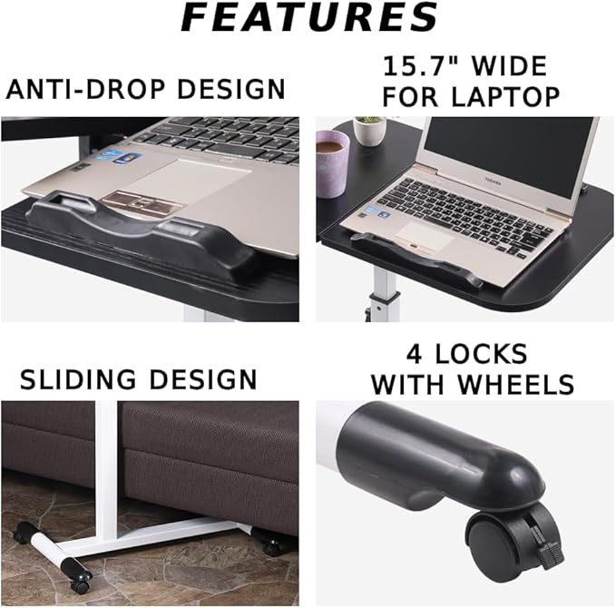 Japard Portable Computer Desk with Wheels, Mobile Laptop Stand, Rolling TV Tray Table, Computer Desk, 360° Rotatable Overbed, Home Office, Black White