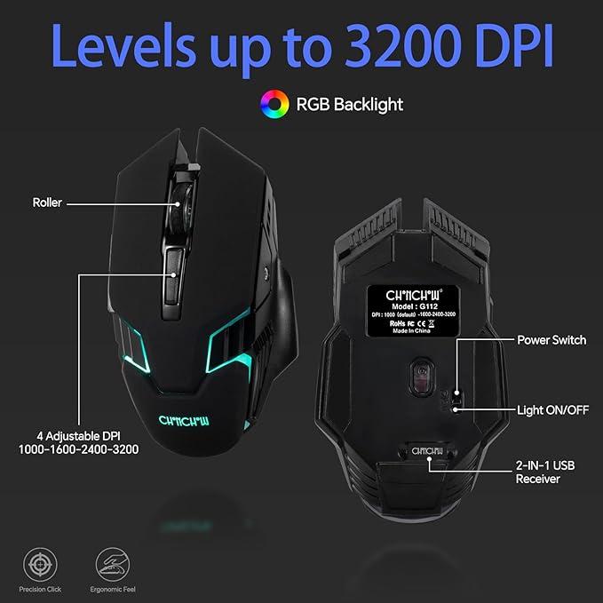CHONCHOW Wireless Keyboard and Mouse Combo - 2.4G Rechargeable USB Rainbow LED Backlit Wireless Gaming Keyboard,Anti-ghosting Multimedia Keys Mechanical Feel for PC Laptops PS Xbox