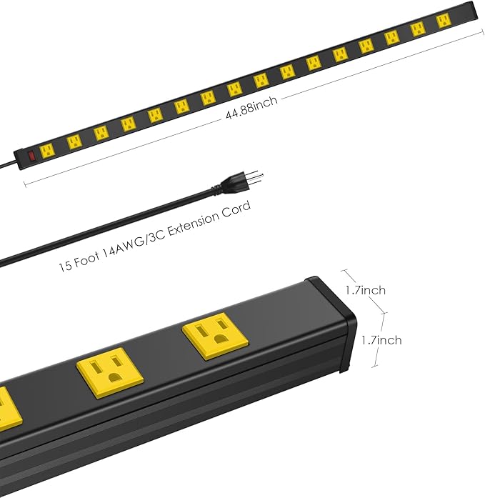 JUNNUJ Long Metal 16 Outlet Wide Spaced Garage Industrial Heavy Duty Power Strip with 15 FT Cord 15A, 125V, 1875W. Yellow