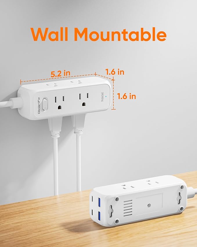 Flat Plug Power Strip with 6 AC Outlets 4 USB Ports, 2000 Joules Surge Protector, 3FT Flat Extension Cord, Home Office Travel Dorm Room Essentials