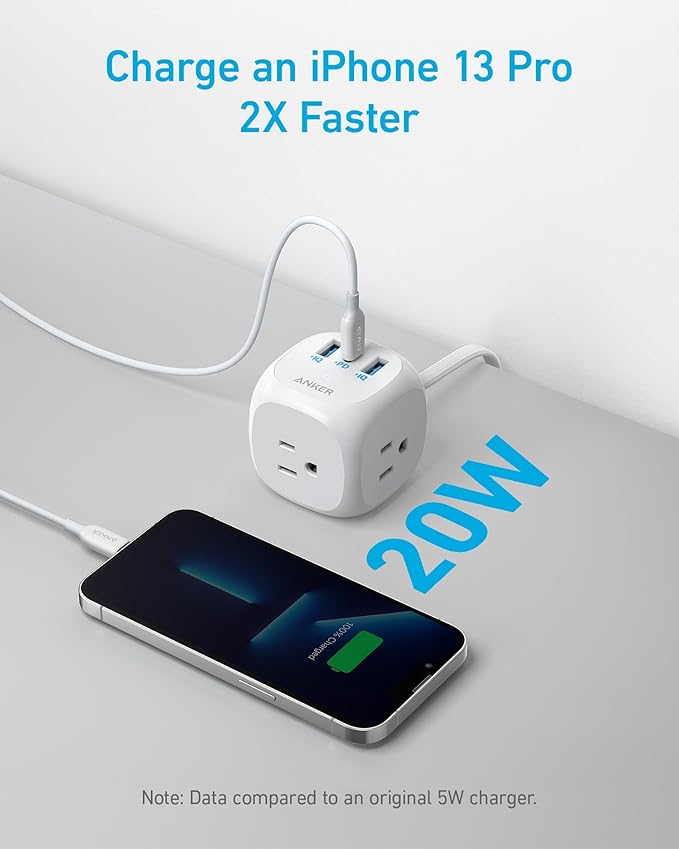 Anker 321 Power Strip with 20W USB-C, 3 Outlets and USB-C Charging for iPhone 15/14 Series, 5 ft Thin Cord and Flat Plug, Power Delivery, for Dorms, Home Office, Cruise, Travel, TUV Listed