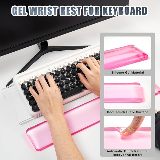 Acrylic Computer Keyboard Stand with Gel Wrist Rest Set,Ergonomic Keyboard Riser for Desk Easy Typing with Gel Keyboard Pad, Anti-Slip Comfort Keyboard Wrist Pad Relief Pain (Pink)