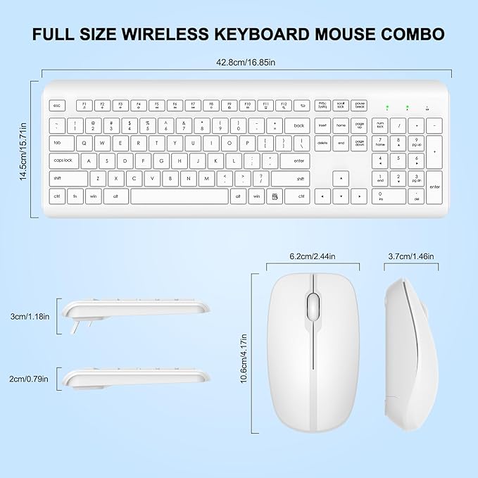 Wireless Keyboard and Mouse Combo, Full-Size Silent Ergonomic Keyboard and Optical Mouse, Long Battery Life, 2.4GHz Lag-Free Cordless Mice Keyboard for Computer, Mac, Laptop, PC, Windows(White)