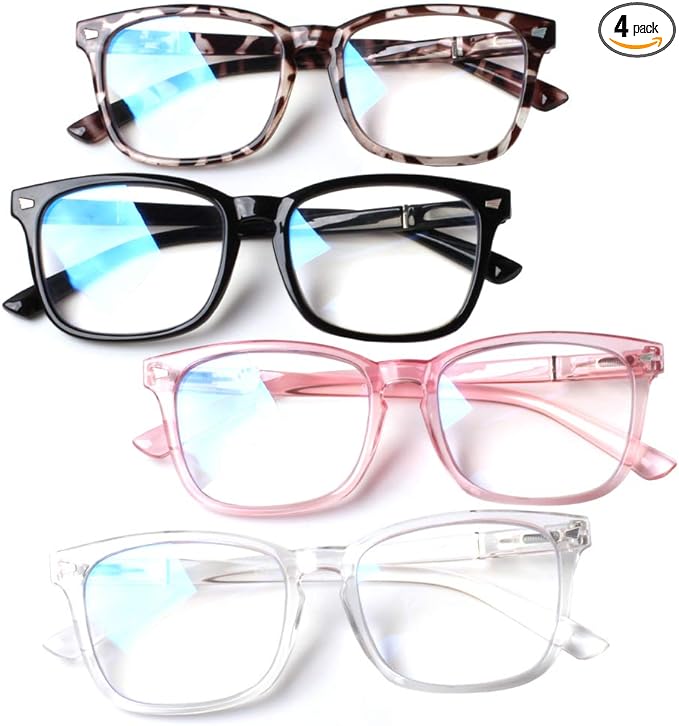 Henotin 4-Pack Blue Light Blocking Reading Glasses Women Men,Spring Hinge Computer Readers,Anti UV Ray Square Nerd Eyeglasses (Mixed Color, 0.00, Diopters)