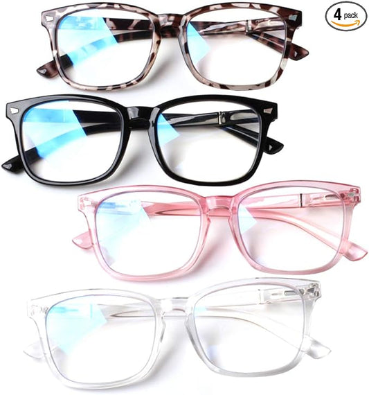 Henotin 4-Pack Blue Light Blocking Reading Glasses Women Men,Spring Hinge Computer Readers,Anti UV Ray Square Nerd Eyeglasses (Mixed Color, 0.00, Diopters)