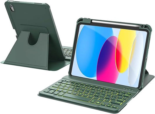 for iPad 11th(A16, 2025)/10th Generation Case with Keyboard, 360° Rotatable Case & Detachable Backlit Keyboard, Precision Cutouts and Pen Holder for iPad A16 11''/10th 10.9'', Olive Drab