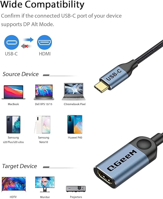 QGeeM USB C to HDMI Adapter 4K Cable, USB Type-C to HDMI Adapter [Thunderbolt 3/4] for Laptop MacBook Pro/Air, iPhone16 Pro max, Dell XPS, HP.Pixelbook, Thinkpad,Surface,etc.-Pink-2Packs