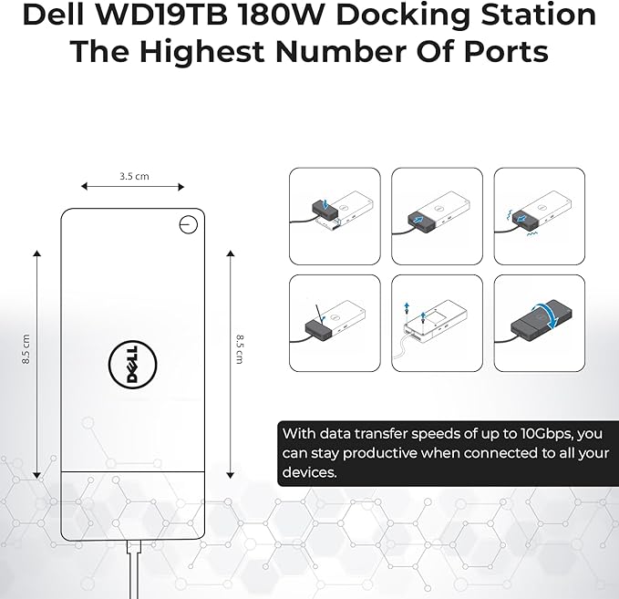 Dell WD19TB Thunderbolt Docking Station with 180W AC Power Adapter (130W Power Delivery) + HDMI Cable + DisplayPort Cable + Thunderbolt Cable + Microfiber Cloth Included