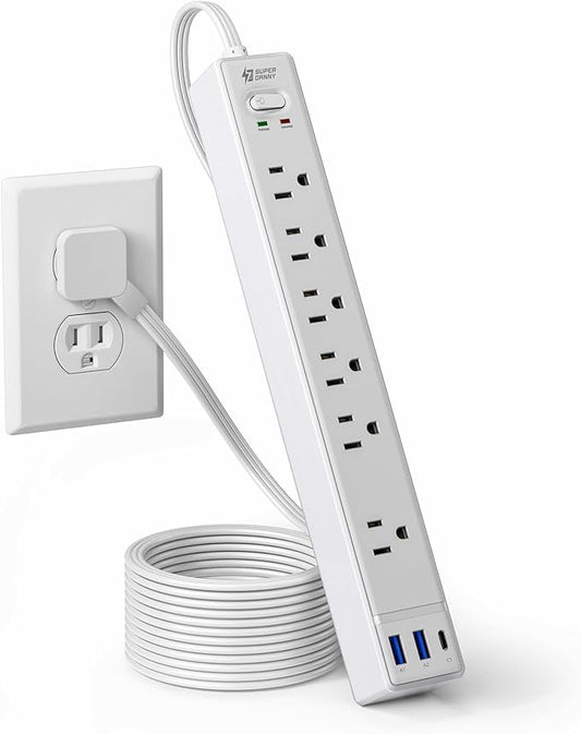 Flat Plug Surge Protector Power Strip, 6ft Ultra Thin Extension Cord with 3 USB, SUPERDANNY 6 Outlets Charging Station, Wall Mountable Outlet Extender for Home Office, College Dorm Room