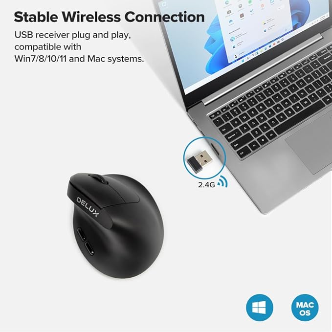 DELUX Ergonomic Mouse Wireless for Small Hands, Vertical Mouse for Carpal Tunnel, Mini Mouse, 4000 DPI, 6 Buttons, 2.4G Wireless,75g Lightweight, Compatible with Window, MacOS,Laptop(M618Air GX-Black)