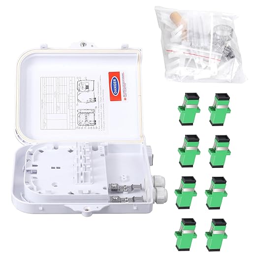 Fiber Optic Distribution Box, 8 Port Wall Mount Enclosure with 8 SC APC Adapters, Singlemode, FTTH, IP65 Waterproof Outdoor/Indoor Use - 8.27" x 5.31" x 1.57"