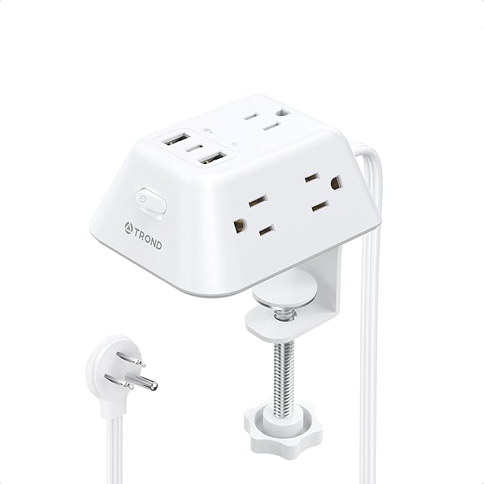 Desk Clamp Power Strip, Surge Protector with 5 AC Outlets and 3 USB Ports, Desk Mount Charging Station, Fit 1.97in Tabletop Edge Thick, 6FT Extension Cord, for Home Office Gaming Accessories, White