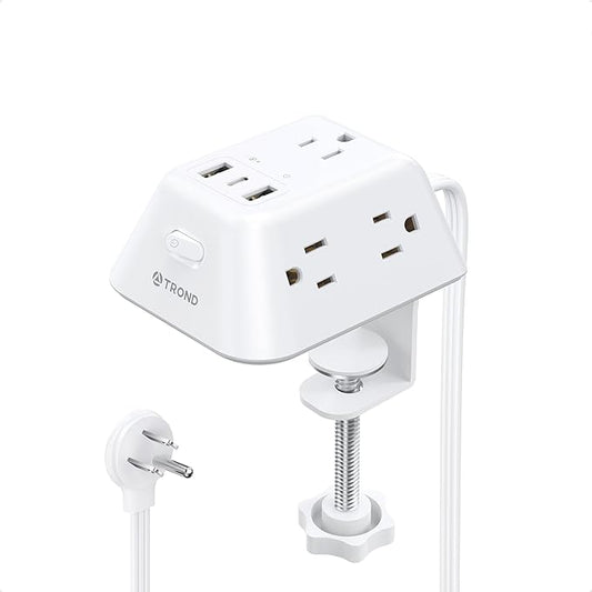 Desk Clamp Power Strip, Surge Protector with 5 AC Outlets and 3 USB Ports, Desk Mount Charging Station, Fit 1.97in Tabletop Edge Thick, 6FT Extension Cord, for Home Office Gaming Accessories, White