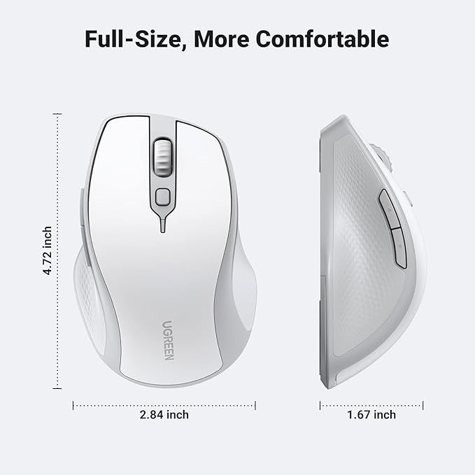 UGREEN Wireless Mouse, Ergonomic Bluetooth 5.0 Mouse for Laptop, 2.4G Cordless with USB Receiver, 1000/1600/2000/4000 DPI, 5 Buttons Silent Mice for MacBook, PC, Desktop, Chromebook, White