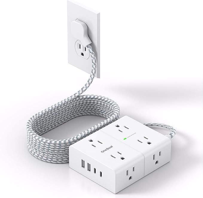 10Ft Extension Cord with Multiple Outlets, Flat Plug Power Strip Surge Protector 10 Ft Long Cord, 8 Outlet 4 USB Ports (2 USB C), Multi Outlet Wall Plug for Office, College, Dorm Room Essentials