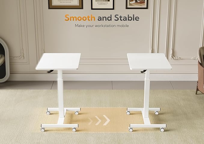 Claiks Mobile Standing Desk, Small Rolling Workstation with Wheels, Pneumatic Laptop Desk for Home Office with Hook, White