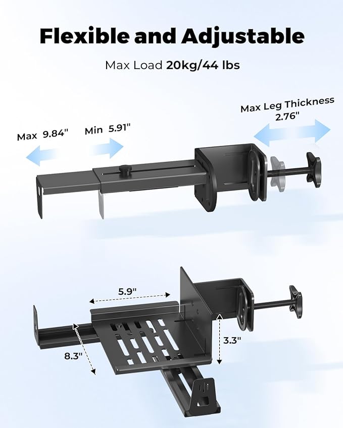 JOY worker Upgraded Under Desk PC Mount for Standing Desk, Clamp-On Desk Leg Computer Mount with Extra Protective Arms, Adjustable Computer Case CPU Holder Holds Up to 44lbs, Black
