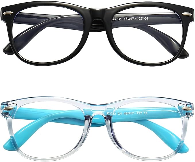 2 Pack kids Blue Light Blocking Glasses For Girls And Boys Computer Blue Light Blocking Glasses For Age 3-11 (Black + Light blue)