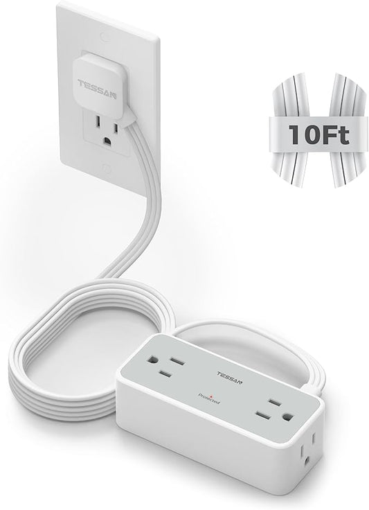 Surge Protector Power Strip, TESSAN Flat Plug Extension Cord 10 FT with 4 Wide Spaced AC Outlets, 900J Protection, Wall Mountable Charging Station for Home Office School Dorm Room Essentials