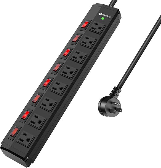 8 Outlet Heavy Duty Power Strip with 8 Individual Switches,Moutable Metal Power Strip Surge Protector 1200 Joules,25FT 14AWG Extension Cord,15A 1800W 125V 60Hz