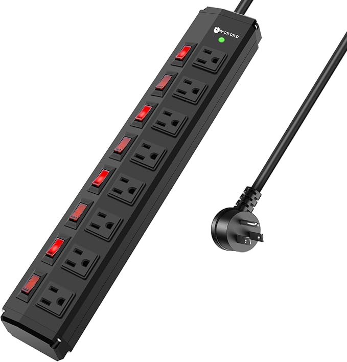 8 Outlet Metal Power Strip with Individual Switches,Heavy Duty Appliance Power Strip with Flat Plug,1200J Surge Protector,10FT Extension Cord,15A 120V 1800W,Home Office School Shop Industrial