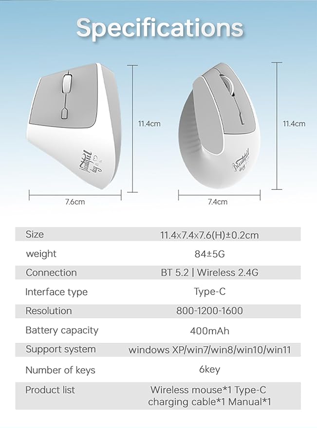Lomiluskr Ergonomic Wireless Mouse Rechargeable, 2.4G/Bluetooth Dual Mode, Lightweight Soundless Cordless Mice, Compatible with Notebook, PC, Tablet, Smartphone (White)