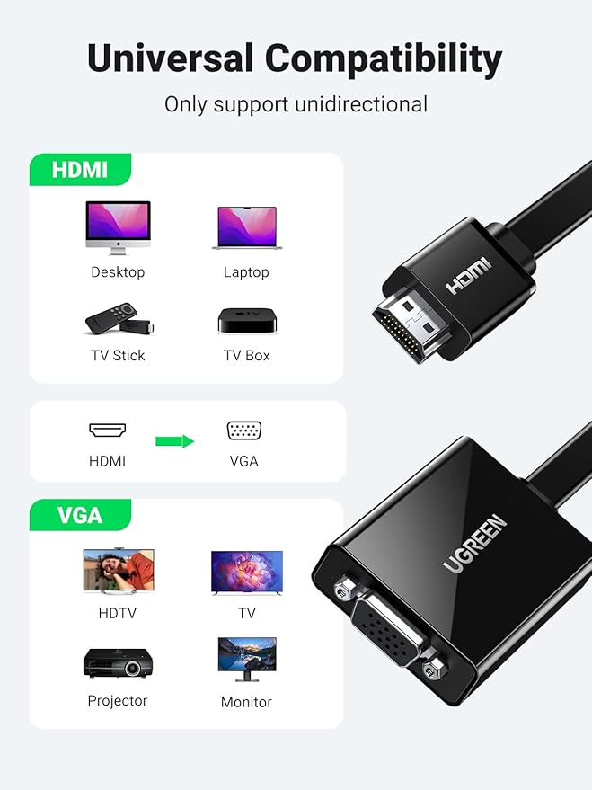 UGREEN Active HDMI to VGA Adapter with 3.5mm Audio Jack HDMI Male to VGA Female up to 1080P for PC Laptop Ultrabook Raspberry Pi Chromebook Black