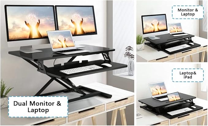 Standing Up Desk Converter 32" Height Adjustable Sit Stand Desk with Removable Keyboard Tray, Large Desk Riser Ergonomic Gas Spring Dual Monitor Workstation for Home Office