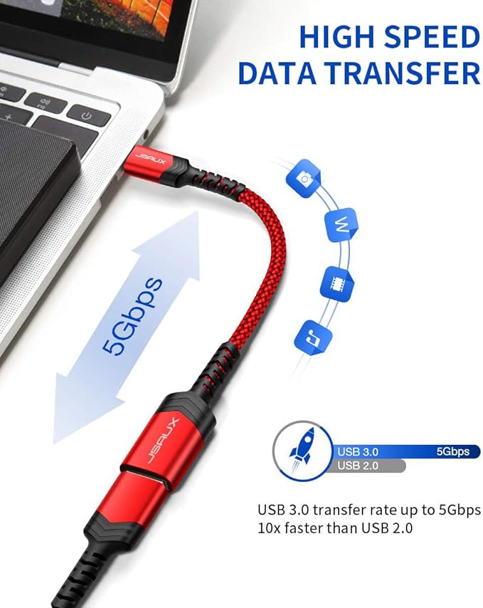JSAUX USB C to USB Adapter [2 Pack], Type C 3.0 OTG Cable On The Go Type C Male to USB A Female Adapter Compatible with MacBook, iPhone 16 Pro Max/16 Plus/16e/15, Samsung Galaxy S25/S24/S23-Red