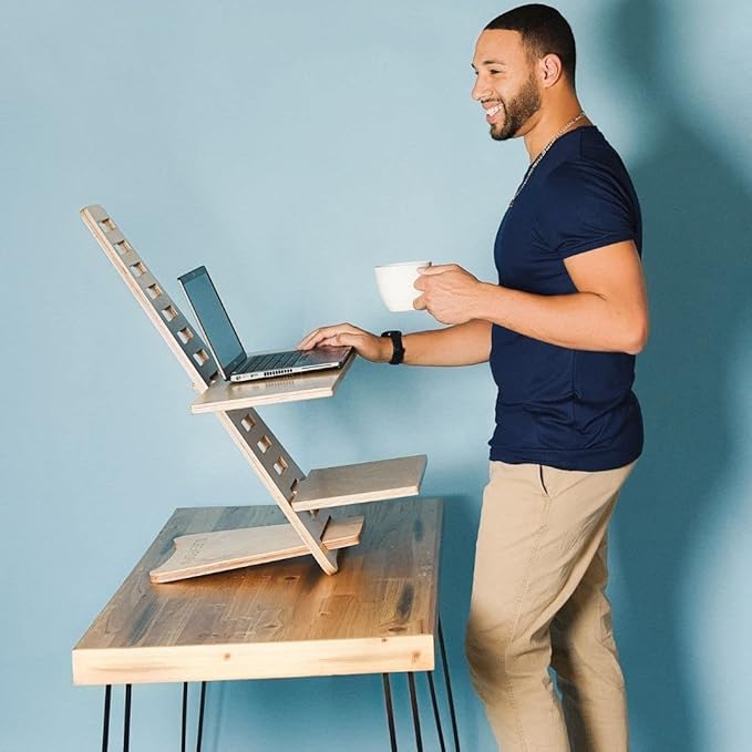 Sleekform Standing Desk Converter - Elevation Stand, Laptop Riser, Adjustable Height Sit to Stand Desk Converter Workstation for Office and Home, Table Top Wood Portable