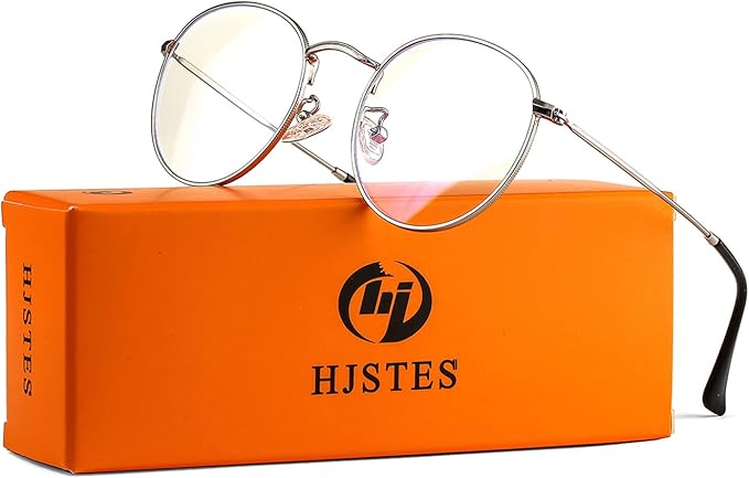 HJSTES Round Blue Light Glasses for Women Men Retro Circle Clear Lens Metal Frame Eyeglasses