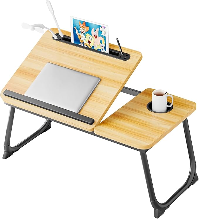 Laptop Desk for Bed, Adjustable Laptop Stand with 5 Different Angles, Portable Lap Tray Table with USB Charge Port and Cup Holder, Laptop Bed Desk Tray for Eating Working Writing (Walnut)