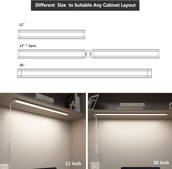 LED Under Cabinet Lighting USB Plug in Cabinet Lights,3 Levels CCT(3000K/4000K/6000K),Ultra-Thin 12Inch - 2X Dimmable Indoor Light Bar Linkable for Under Counter,Desk,Shelf,Closet,Workbench,8W,720LM