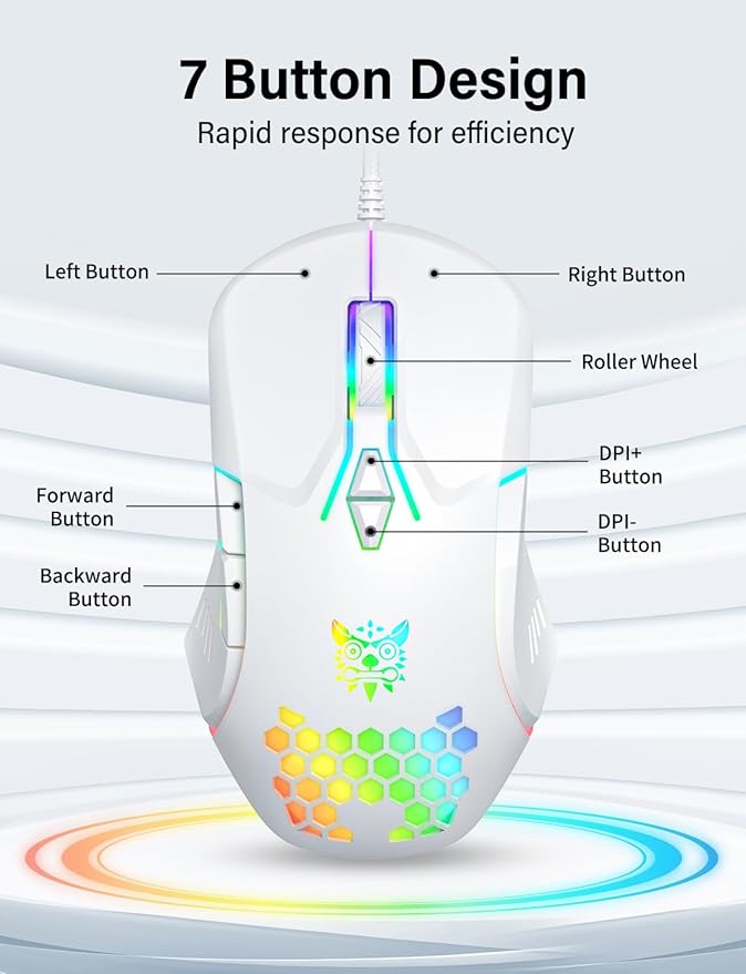 Wired USB Mouse, Computer Mouse with RGB Lighting, 4 Adjustable DPI, Ergonomic Optical Office Mouse, 7 Buttons Corded Mice for Window/PC/Laptop/Desktop/Mac/Chromebook, White
