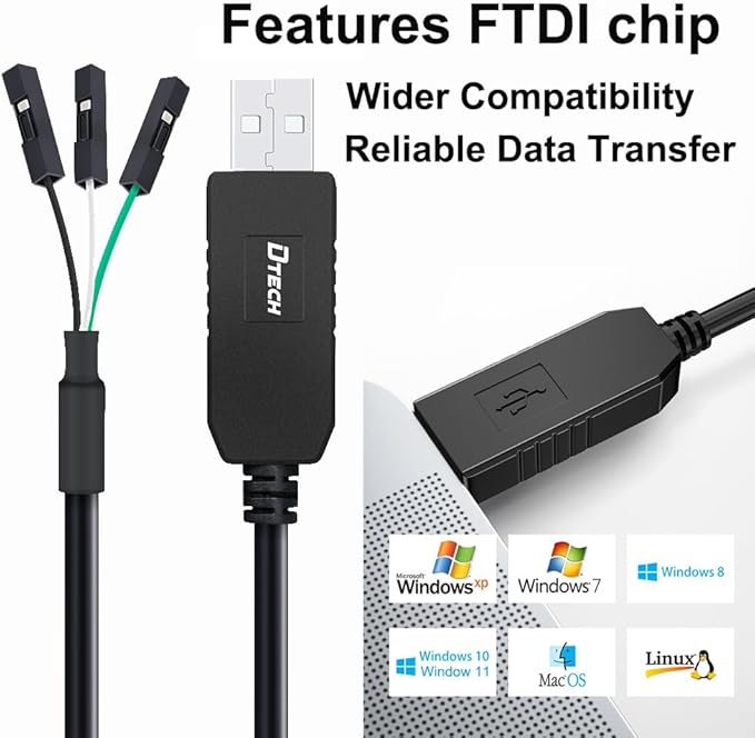 DTECH 6ft USB to TTL Serial Cable 3.3V 3 Pin TX RX Signal UART Adapter Genuine FTDI FT232RL Chip Debug Cord Compatible with Windows 11 10 8 7 Linux MAC OS 3Pin 3v3 2.54mm Dupont Female Header