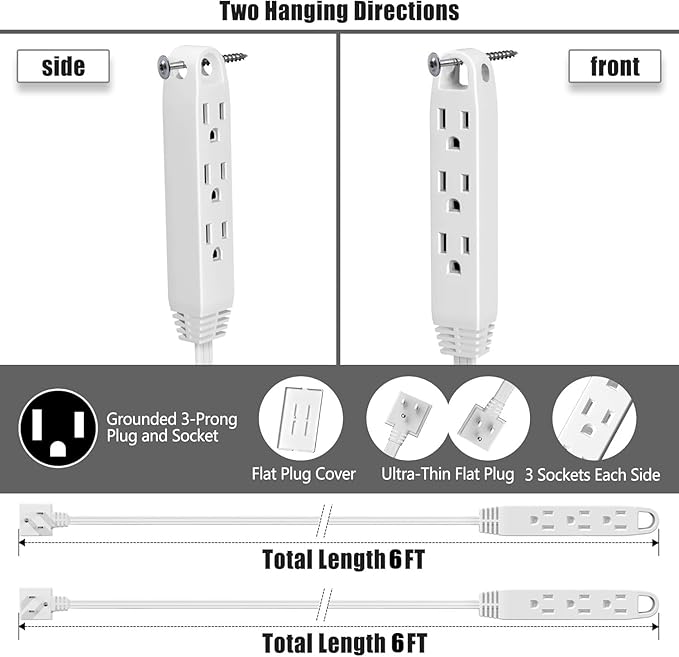 Dual 6FT Ultra-Thin Outlet Concealer, Universal Size Outlet Cover 6FT Twin Extension Cord with 3 Outlets Each Side, Ideal for Home Appliances on Opposite Sides of a Wall Outlet