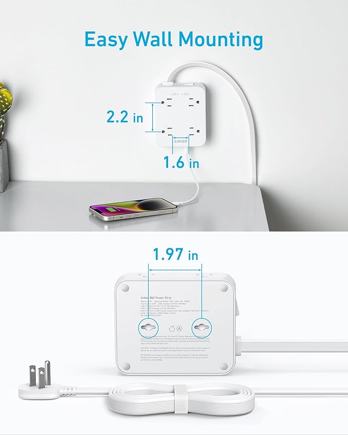 Anker Power Strip with 2000J Surge Protector, Flat Plug Extension Cord with Multiple Outlets, 8 AC, 2 USB A & 1 USB C Port for 20W, 10ft Outlet Extender, Dorm Room Essentials, Home Office, TUV Listed