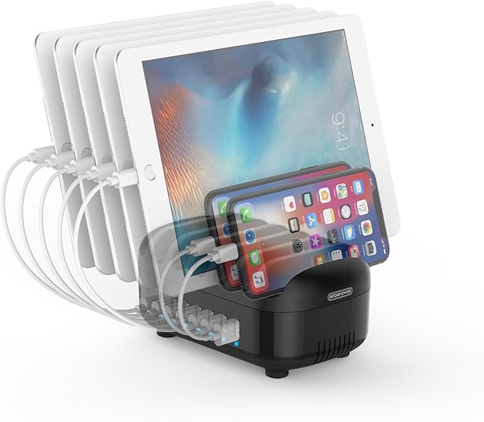10 Ports Charging Station for Multiple Devices, 120W Charging Station Organizer, USB Charging Docking with Cooling Fan, for iPhone, for iPad, Tablet, Kindle, ETL Listed (2.4A Each, 24A in Total)