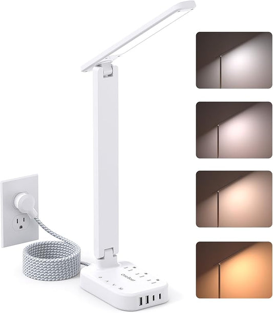 Power Strip with LED Desk Lamp, 10 Ft Extension Cord with 3 Outlets 4 USB Ports(2 USBC), 4 Modes 5 Level Touch Lamp Small Desk Lamps for Home Office College Dorm Room, Study Reading Light - BK
