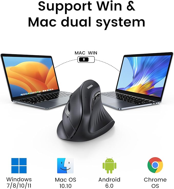 UGREEN Vertical Wireless (Bluetooth 5.0+2.4G) Ergonomic Mouse with 5 Buttons, 1000/1600/2000/4000 DPI, Prevention of Mouse Arm, Vertical Mouse Compatible with PC/Laptop/Tablet, Black