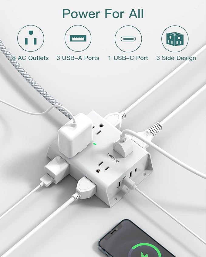 10Ft Long Surge Protector Power Strip, Addtam Extension Cord with 8 AC Outlets and 4 USB Ports(1 USB C), 3-Side Outlet Extender Strip, Flat Plug, Wall Mount, Dorm Home Office Essential, ETL Listed