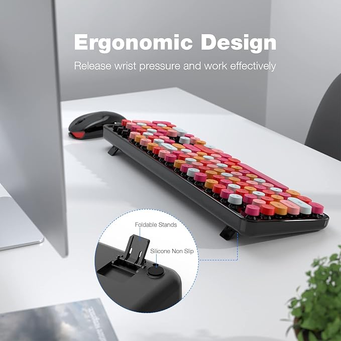 KNOWSQT Wireless Keyboard and Mouse Combo, Black Colorful Retro 2.4GHz Typewriter Keyboard with Cute Round Keycaps, DPI Adjustable Optical Wireless Mouse Compatible with PC Laptop