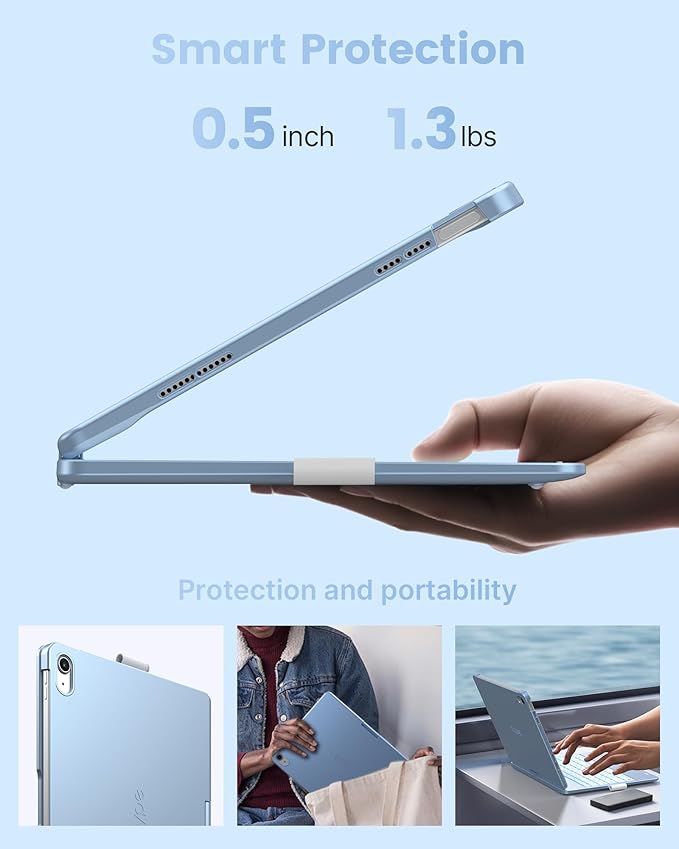 typecase Flexbook Keyboard Case for iPad 11th (A16, 2025) and iPad 10th Gen (10.9", 2022) – No Trackpad, 11-Color Backlight, 360° Rotatable, 7 Use Modes, Thin & Lightweight – Sky Blue