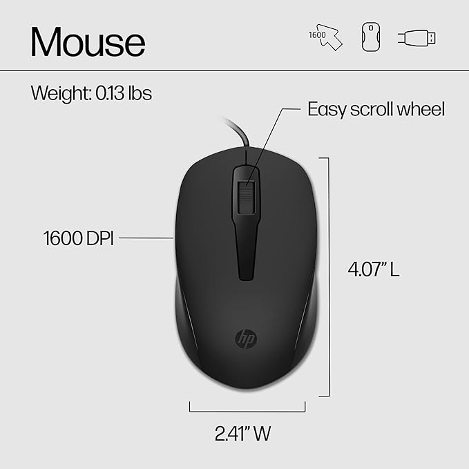 HP 150 Wired Mouse and Keyboard Combo - Full-Sized, Low-Profile Keyboard with Numeric Keypad - 1600 DPI Optical Sensor, Multi-Surface Wired Mouse - USB Plug-and-Play Connectivity (240J7AA, Black)