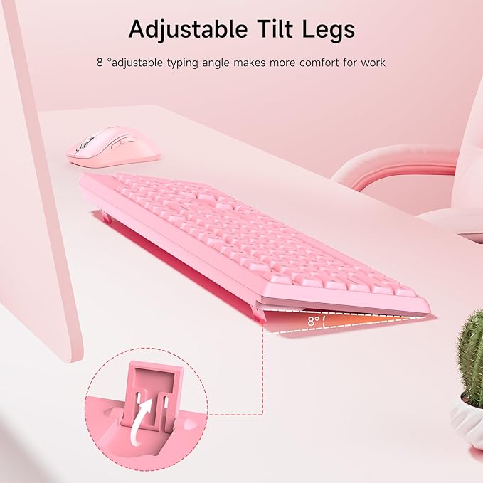 Wireless Keyboard and Mouse Combo, memzuoix 2.4G Full-Size Ergonomic Keyboard Mouse Set, Lag-Free Cordless One USB Receiver for PC, Laptop, Windows, Mac (Pink Keyboard + Pink Mouse)
