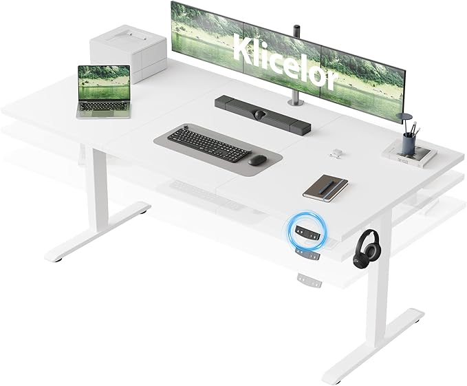 Klicelor 63 Inch Large Electric Standing Desk, Height Adjustable Office Desk, Sit Stand Up Computer Gaming Desk with Memory Preset, Three-Piece Desktop, White