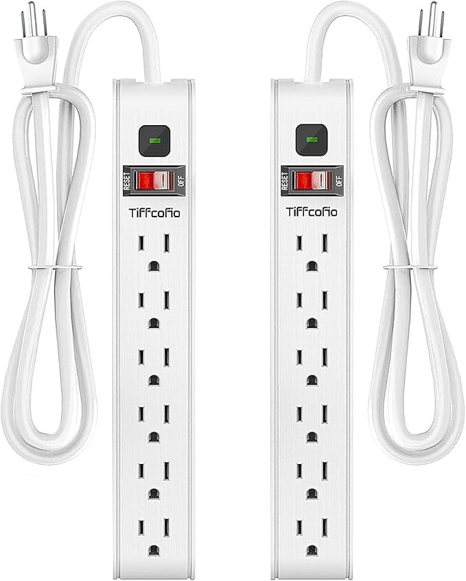 TiFFCOFiO Surge Protector Power Strip, 6 Feet Extension Cord, 600 Joules Surge Protection, Multiple Protection 6 Outlet Strip, 14 AWG Cord, 15A/1875W, ETL Listed, 2 Packs